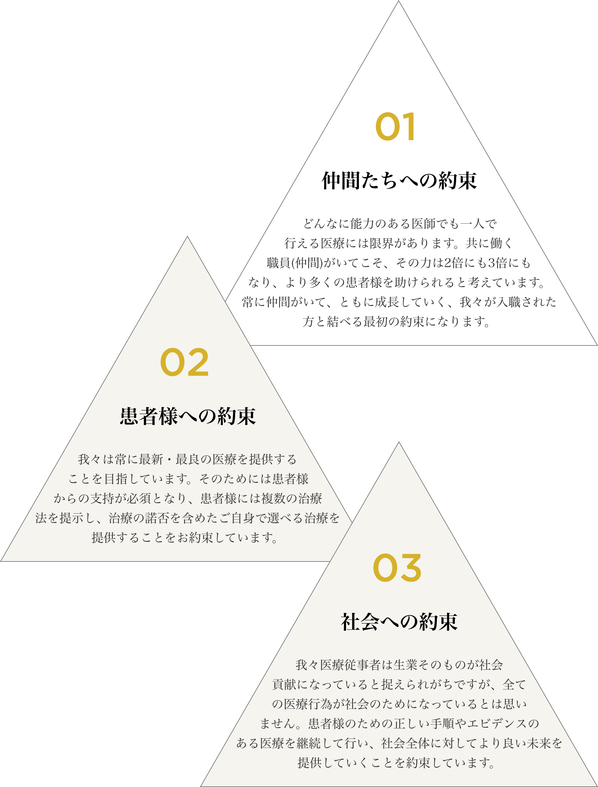 01 仲間たちへの約束 | どんなに能力のある医師でも一人で行える医療には限界があります。共に働く職員(仲間)がいてこそ、その力は2倍にも3倍にもなり、より多くの患者様を助けられると考えています。常に仲間がいて、ともに成長していく、我々が入職された方と結べる最初の約束になります。
02 患者さまへの約束 | 我々は常に最新・最良の医療を提供することを目指しています。そのためには患者様からの支持が必須となり、患者様には複数の治療法を提示し、治療の諾否を含めたご自身で選べる治療を提供することをお約束しています。
03 社会への約束 | 我々医療従事者は生業そのものが社会貢献になっていると捉えられがちですが、全ての医療行為が社会のためになっているとは思いません。患者様のための正しい手順やエビデンスのある医療を継続して行い、社会全体に対してより良い未来を提供していくことを約束しています。
